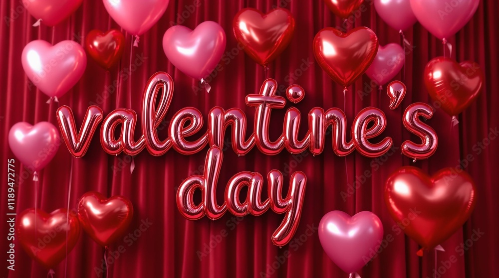 Aufkleber  festive red background adorned with an array of heart-shaped balloons, creating a celebratory atmosphere. The word \