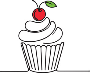 Cupcake and cherry on it Line Drawing. Modern Vector Art for Sweet Treat Lovers