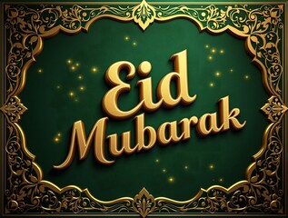 golden frame with intricate designs around the text \"Eid Mubarak\" in the center, which is written in a decorative font. The background is green with a starry sky effect.