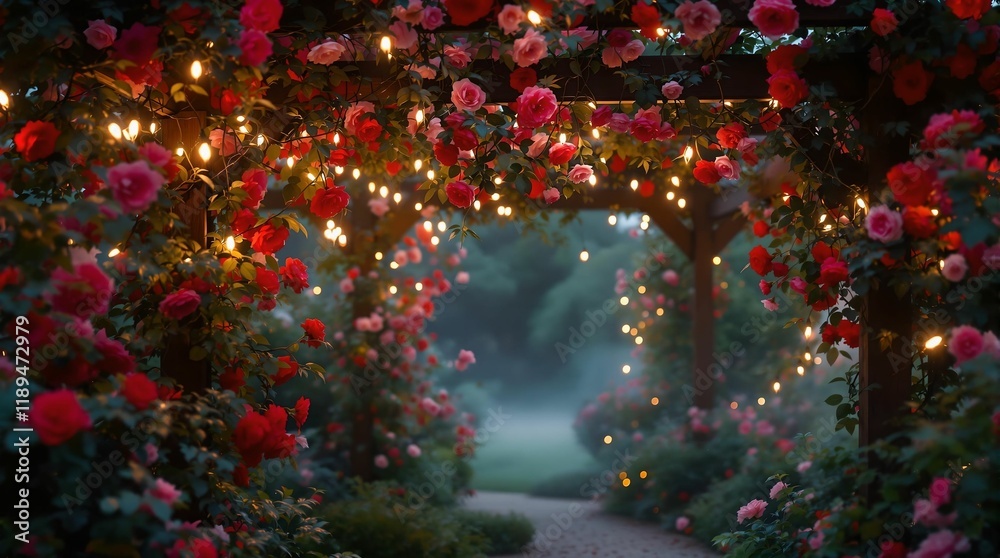 Poster lush garden with a pathway surrounded by vibrant red roses illuminated by string lights hanging from overhead structures.