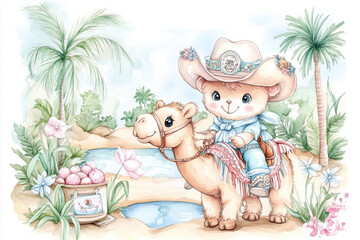 Naklejka premium Cute illustration of bear in cowboy hat riding camel in tropical setting with palm trees and flowers. scene evokes playful and adventurous spirit