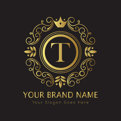Letter Luxury brand logo design with a royal gold crown emblem and elegant typography
