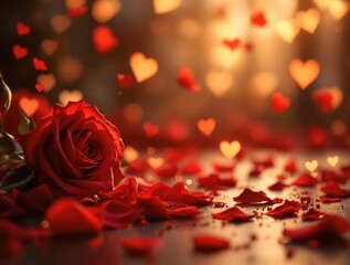 beautiful Valentine's Day card with a red rose surrounded by heart-shaped confetti and petals on a brown wooden surface, set against a dark, glittery background.
