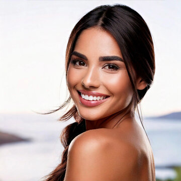 Beautiful white-toothed smiling woman with long and shiny straight hair. Beauty happy model with straight hairstyle. Gorgeous white teeth in a smile.