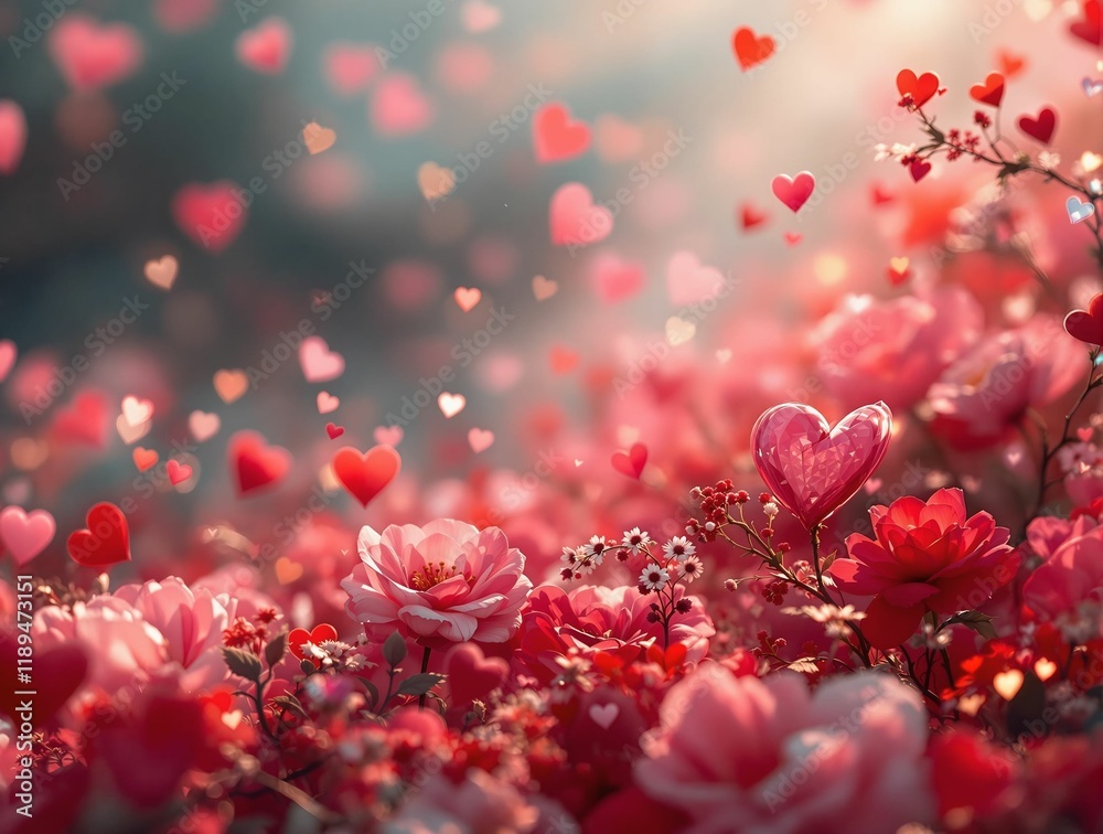 Poster vibrant and colorful depiction of a field of pink roses with floating hearts and sparkling lights, e