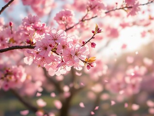 Obraz premium beautiful scene with pink flowers in the foreground and a blurred background. The sun is shining brightly, casting a warm glow on the flowers.