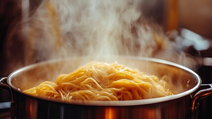 pot with boiling pasta with steam