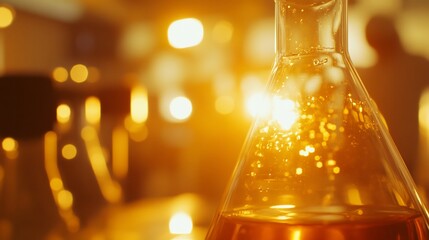 Close-up of a glass flask with amber liquid, backlit by warm light, in a blurred laboratory setting.