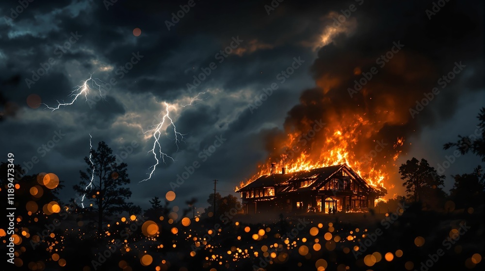 Poster burning building with a dramatic lightning bolt striking it, creating a dramatic and intense scene with dark clouds and sparkling light effects.