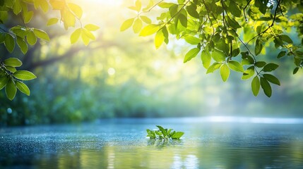 Obraz premium Serene landscape of sunlit water reflecting lush green foliage.