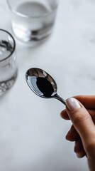A hand holding a spoon with black Shilajit resin on a white background with a glass of water next to it.