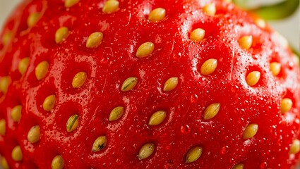 Close up of ripe strawberry with yellow seeds textured skin and glistening droplets under soft light