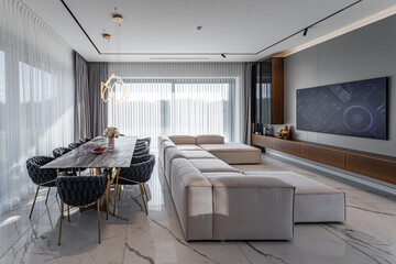 Interior of a private house, studio with kitchen.