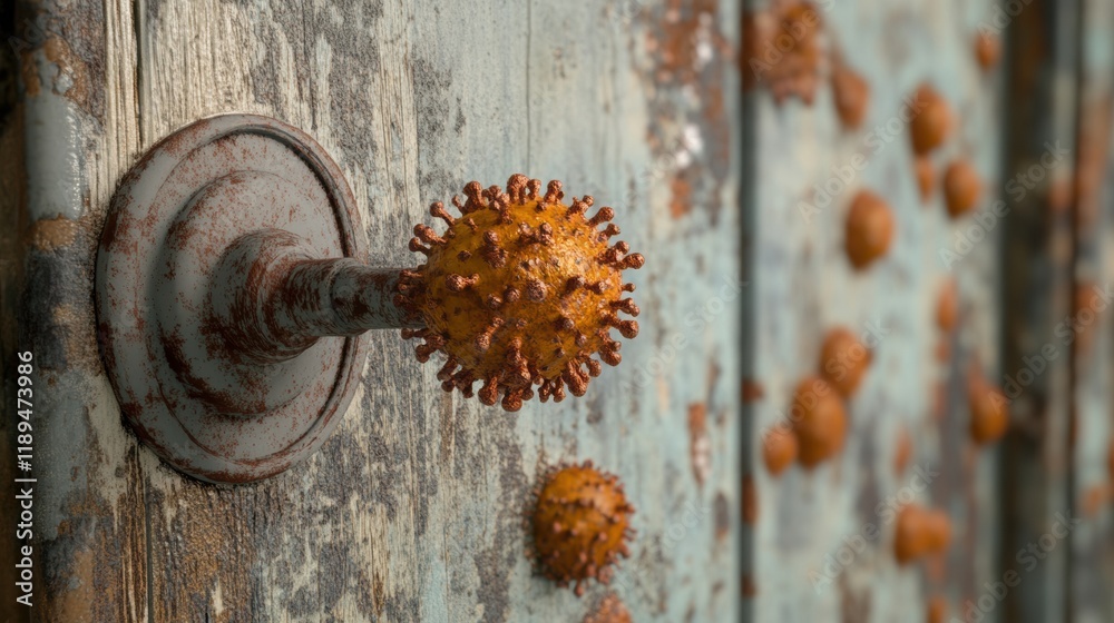 Poster Close up view of microbes thriving on common surfaces such as door handles and smartphones in a daily environment. Generative AI
