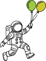 Astronaut Playing with Balloons in Space. Line Drawing Vector Art