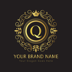 Letter Luxury brand logo design with a royal gold crown emblem and elegant typography
