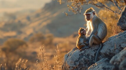 Mother monkey and baby on rocky outcrop at sunset.
