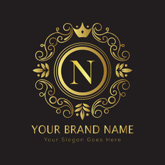 Letter Luxury brand logo design with a royal gold crown emblem and elegant typography
