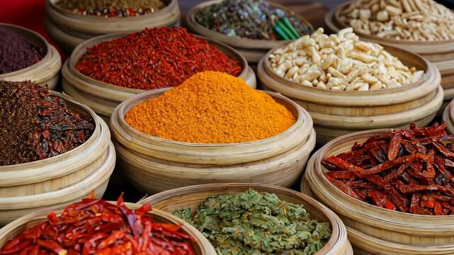 A variety of spices are displayed in wooden bowls
