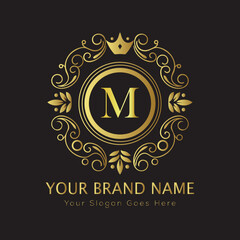 Letter Luxury brand logo design with a royal gold crown emblem and elegant typography
