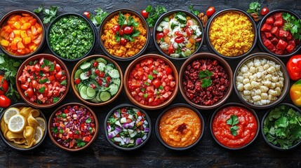 Fototapeta premium Vibrant Assorted Fresh Vegetables with Dips on Rustic Wooden Table