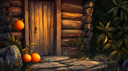 A rough-hewn wooden cabin beckons with the inviting aroma of a vibrant sunkist orange, its peel glistening like polished stone. Sunmist. Illustration