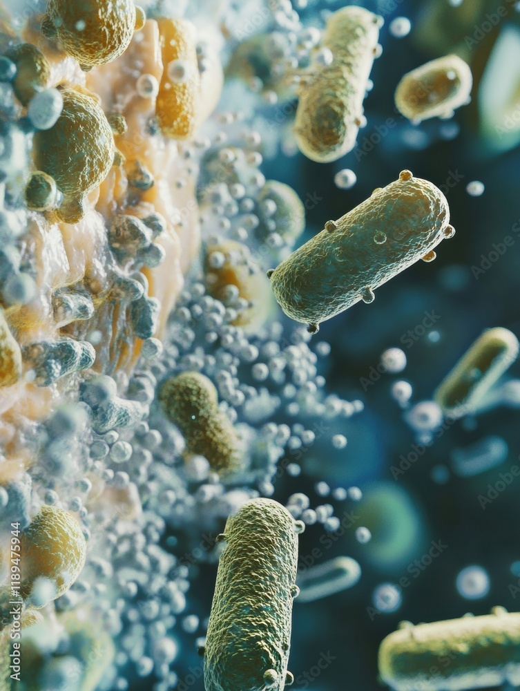 Poster Close up view of microbes discovered on door handles and smartphones in everyday environments. Generative AI
