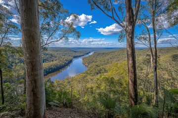 Obraz premium River valley scenic vista, summer sky, lush foliage, tranquil landscape, nature photography