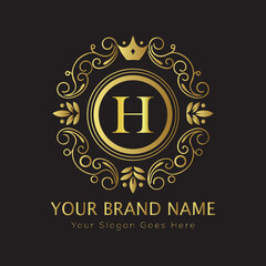 Letter Luxury brand logo design with a royal gold crown emblem and elegant typography
