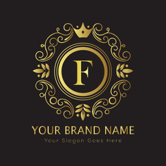 Letter Luxury brand logo design with a royal gold crown emblem and elegant typography
