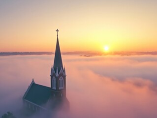 Obraz premium church in the clouds at sunrise