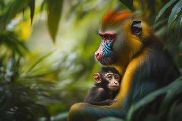 Mandrill mother cradling her baby in lush green foliage.