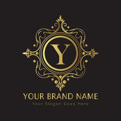 Letter Luxury brand logo design with a royal gold crown emblem and elegant typography
