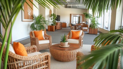 Fototapeta premium Tropical themed waiting area with wicker chairs, wooden coffee table, and potted plants.