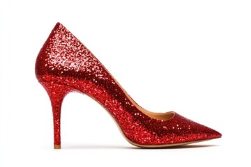 Obraz premium pair of dazzling red glitter heels with pointed-toe design displayed against clean white background