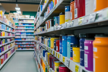 Aisle in a hardware store displaying shelves full of colorful paint cans and supplies