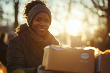 A smiling Black woman, bundled in winter clothing, holds several cardboard boxes in the golden light of sunset