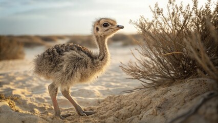 Young ostrich chick exploring its surroundings in a sandy landscape