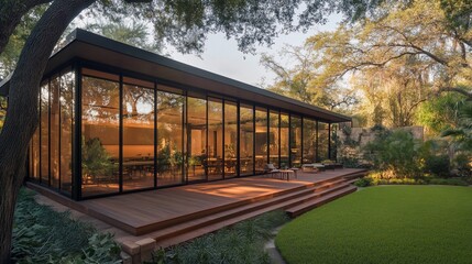 Modern glass house with wooden deck and lush garden.