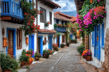 Fototapeta premium Cobblestone street with colorful houses and flowers.