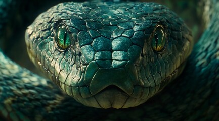 Fototapeta premium Close-up of a venomous snake's head, showcasing its scales, eyes, and fangs.