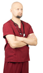 Professional male doctor wearing red scrubs with stethoscope and crossed arms