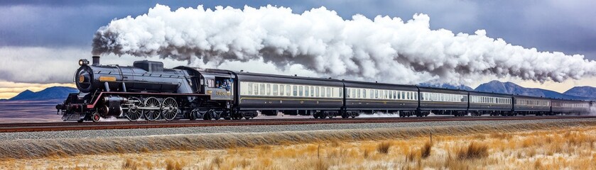 Obraz premium Vintage steam train journey across plains, mountains backdrop. Travel poster