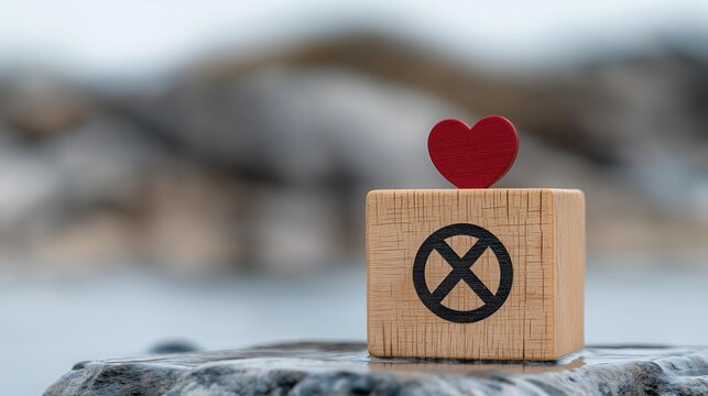 Wooden cube symbol zero accident secure workplace. Red heart on top symbolize safety, health care. Concept for workplace safety awareness, secure work environment. Wooden blocks with health care