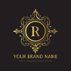 Letter Luxury brand logo design with a royal gold crown emblem and elegant typography
