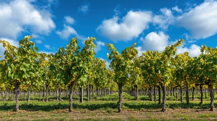 Naklejka premium Vineyard autumn sunny day landscape, wine production, harvest background