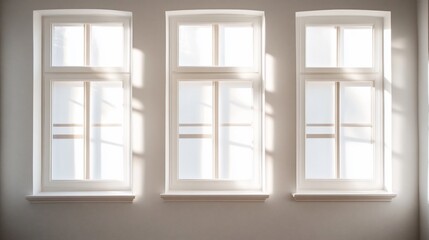 Fototapeta premium Three bright windows with sunlight streaming through, set in a minimalist white wall.