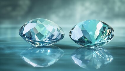 Two teal gemstones resting on a reflective surface.