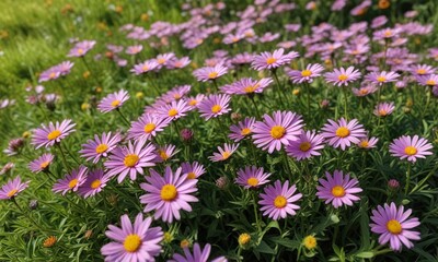 Fototapeta premium Colorful Aster alpinus blooms in a sunny green lawn with flowers , colorful, bloom, landscape