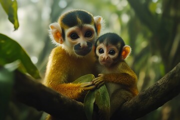 Fototapeta premium Adorable squirrel monkey mother tenderly cradles her baby in lush green foliage.